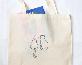 tote bag, embroidered tote bag, cat lover gift, cat tote bag, cute reusable bag, eco friendly gift, cotton tote bag, hand embroidered bag