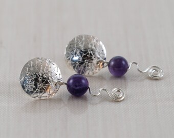 Silver Post Earrings, Hammered Disc Sterling Silver and Amethyst Earrings, Dangle Earrings