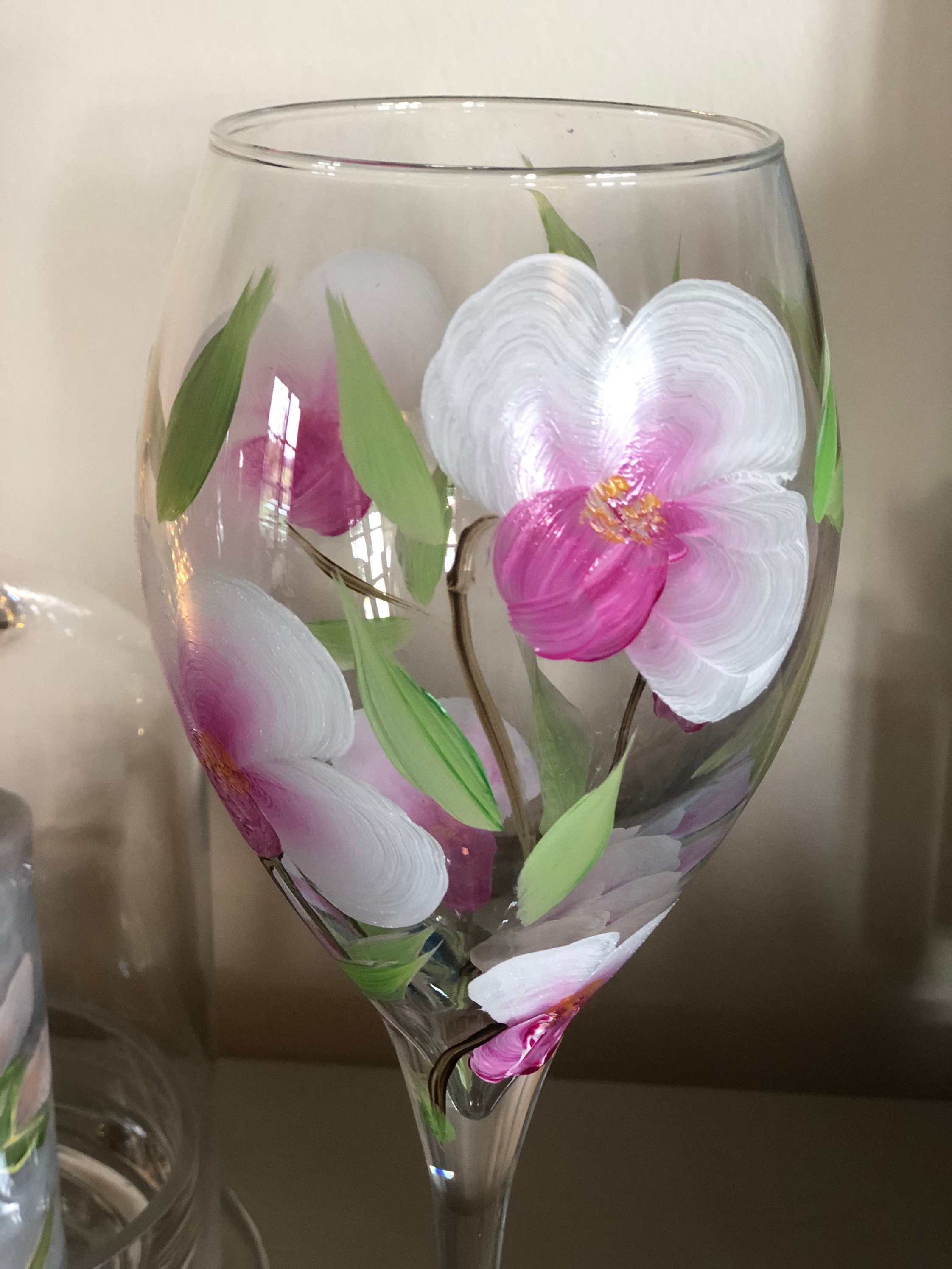 Hand painted large wine glass decorated with Orchid flowers Etsy