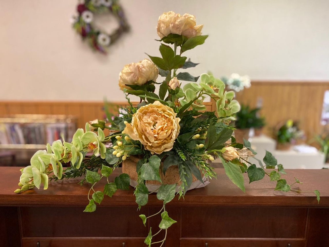 Elegant Handcrafted White and Green Silk Flower Arrangement Etsy