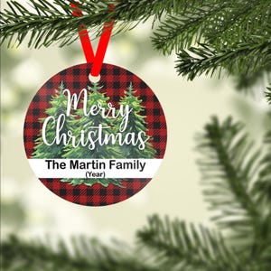 Personalized Plaid Christmas Ornament – Family Name Keepsake w/ FREE VELVET POUCH