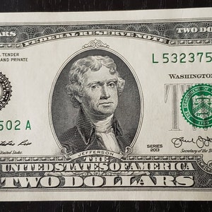 2ドル紙幣、新品、複数ご購入の場合は連続したシリアル番号をお送りします！送料無料
