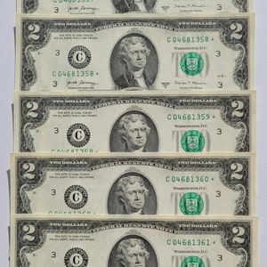 2 Dollars - 5 STARNOTES from the same batch with consecutive serial numbers - RARE!