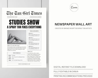 Spray Tan Studio Newspaper Wall Art | Sunless Tanning Editable Canva Template | Digital Download | Airbrush Tanning Social Media Content