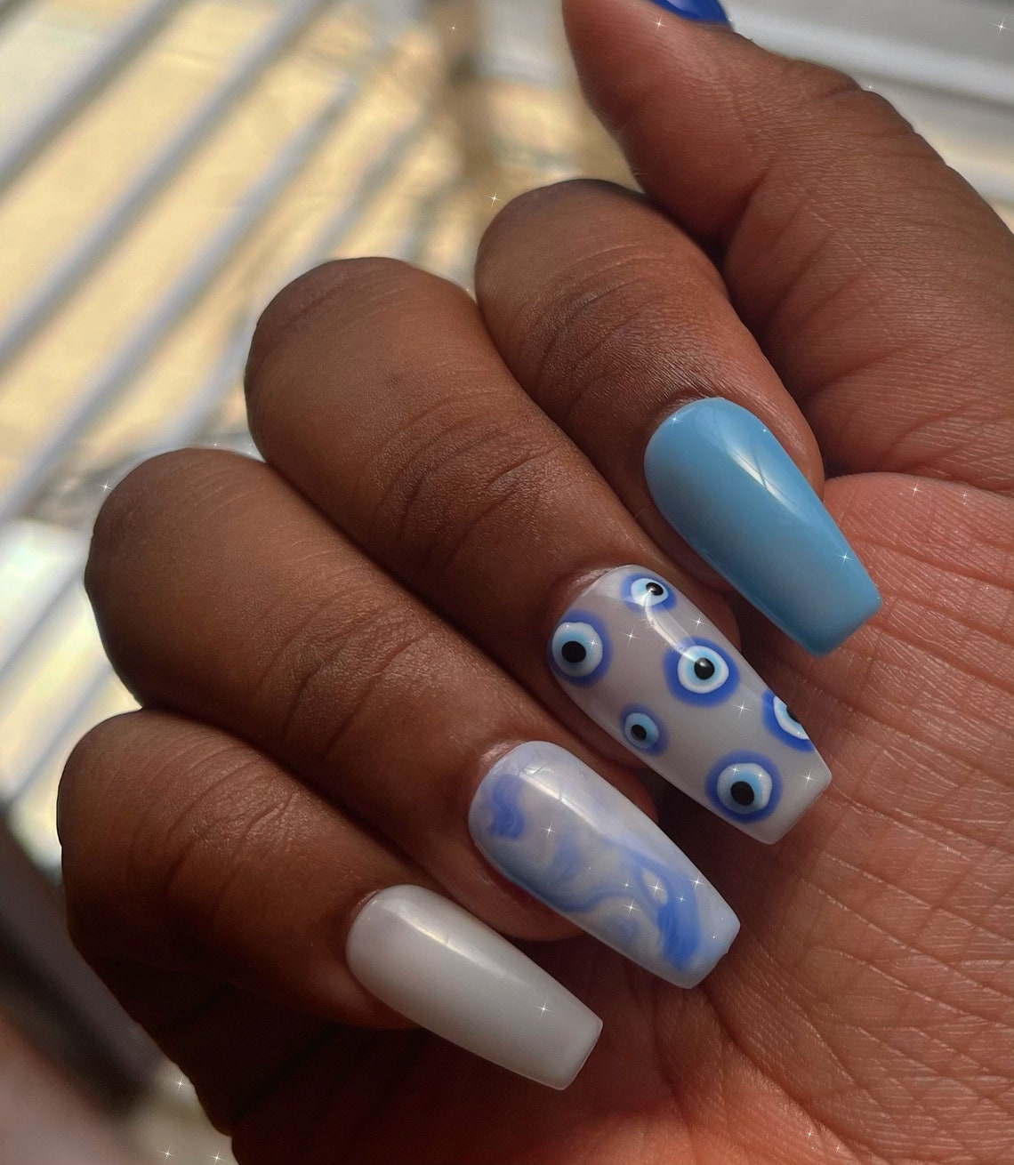 Evil Eye Nail Set Milky White Press on Nails Blue Evil Eye Etsy