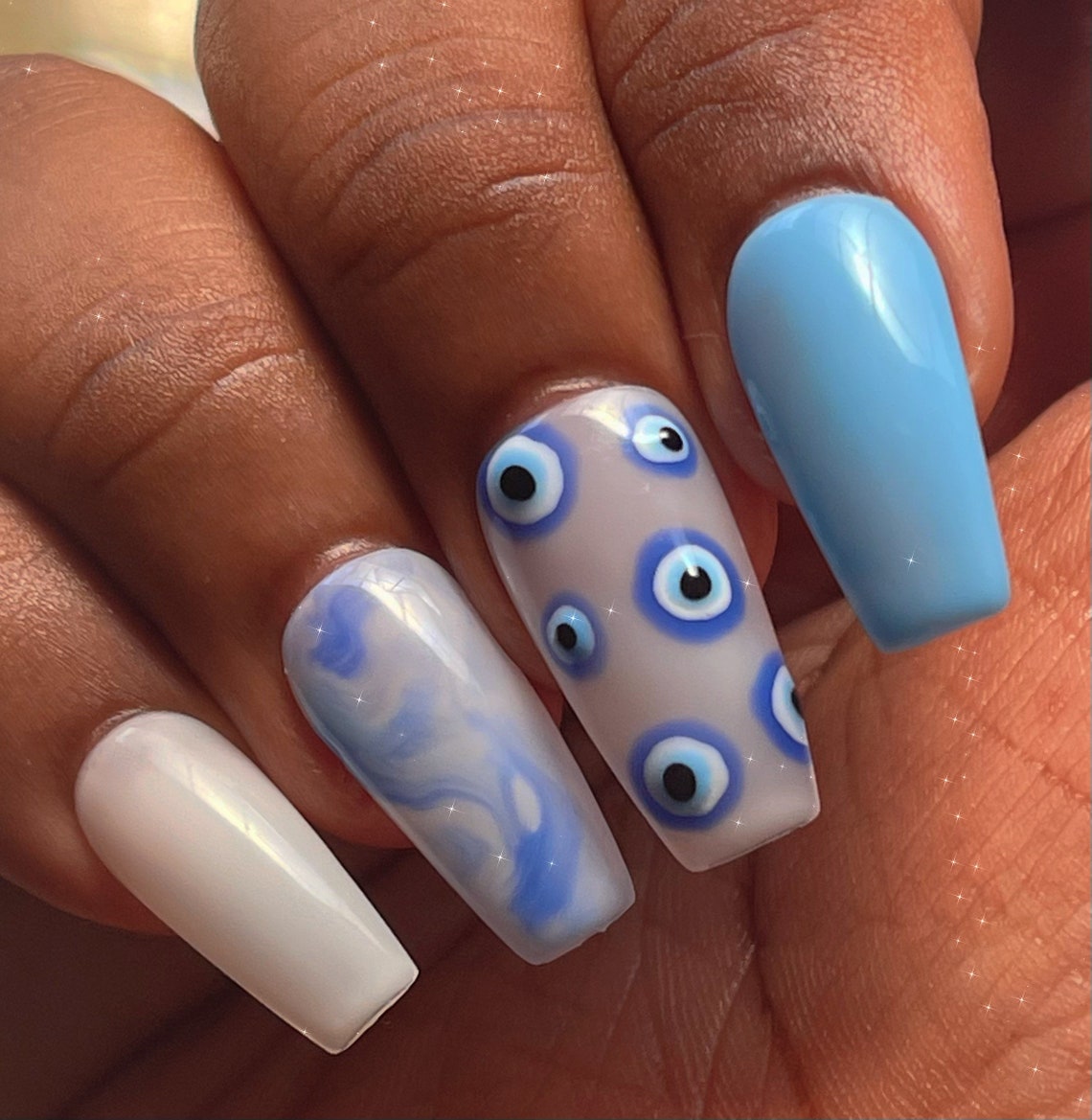 Evil Eye Nail Set Milky White Press on Nails Blue Evil Eye Etsy