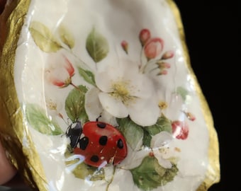 Oyster Shell Ring Dish with Gold Rim | Floral Ladybug Trinket Holder | Cottagecore Vanity Decor