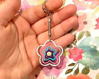 Groovy Flower Keychain, 70s Aesthetic Flower, Disco Flower Key Loop, Retro Keychain