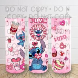 May include: A pink and blue tumbler featuring a cartoon character holding a lollipop. The tumbler is decorated with hearts, lollipops, and the text "Love Cafecito Chispa Me".