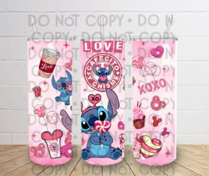 May include: A pink and blue tumbler featuring a cartoon character holding a lollipop. The tumbler is decorated with hearts, lollipops, and the text "Love Cafecito Chispa Me".