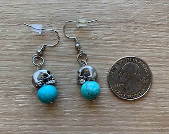 Silver Skull and Blue Howlite Earrings