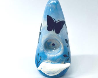 Ceramic Blue Pipe with white Bird and Hand Painted Butterflies