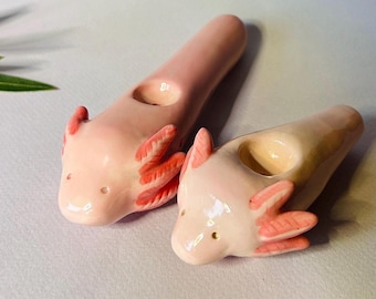 Little Pink Salamander Pipe: Cute Axlotl Handmade Ceramic Pipe