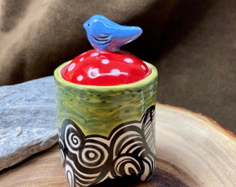 Handbuilt Clay Stash Jar with Blue Bird