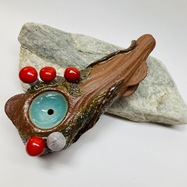 Woodland Ceramic Pipe with Red Mushrooms, Hand Sculpted Clay Smoking Pipe, one of a kind pipe, Gift for Nature Lover