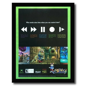 May include: A green and black video game advertisement for Blinx: The Time Sweeper for the Xbox. The ad features a cartoon cat character with a time-bending ability. The text on the ad reads "Who needs nine lives when you can control time?" and "Blinx: The Time Sweeper".