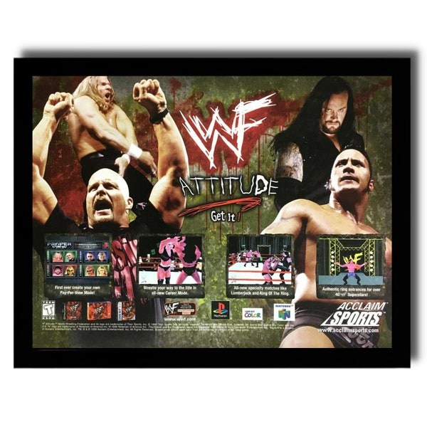 1999 WWF Attitude Framed Print Ad/Poster PS1 N64 Sable The Rock Triple H Undertaker