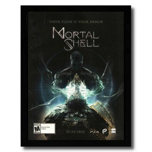 Könnte beinhalten: Ein Videospielcover für Mortal Shell, ein düsteres Fantasy-Action-Rollenspiel. Das Cover zeigt eine schattenhafte Gestalt, die eine leuchtende Kugel in ihren Händen hält. Der Text "Their Flesh is Your Armor" und "Mortal Shell" ist auf dem Cover zu sehen. Das Spiel ist von der USK mit M für Erwachsene freigegeben und soll am 23. Oktober 2020 erscheinen.