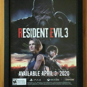 May include: A poster for the video game Resident Evil 3, featuring the characters Jill Valentine and Carlos Oliveira, along with the Nemesis monster. The poster is set against a backdrop of a city skyline and has the text "Available April 3, 2020" and the logos for PlayStation 4, Xbox One, and Capcom.