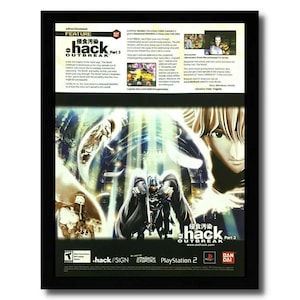 May include: A video game advertisement for .hack//OUTBREAK Part 3 for the Playstation 2. The ad features a colorful anime-style illustration of characters from the game. The text on the ad reads "侵食汚染 hack OUTBREAK Part 3" and "www.dothack.com".