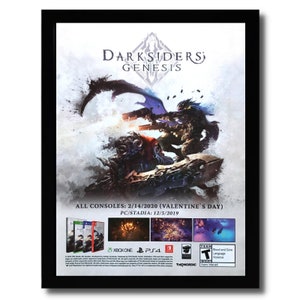 Puede incluir: Un póster de videojuego para Darksiders Genesis, que presenta una escena oscura y de temática fantástica con dos personajes en combate. El póster incluye el título del juego, las fechas de lanzamiento y los logotipos de varias plataformas de juego, incluidas Xbox One, PS4 y Nintendo Switch.