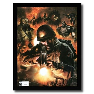 May include: A soldier in a military uniform and helmet aims a gun at a group of zombies. The scene is set against a fiery background with smoke and flames. The game rating 'M for Mature' is visible in the bottom left corner.