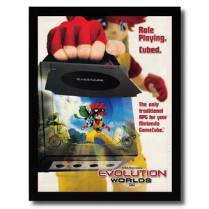 May include: A video game advertisement for Evolution Worlds, a traditional role-playing game for the Nintendo GameCube. The ad features a cartoon character holding a GameCube console with the game disc inserted. The text on the ad reads "Role Playing. Cubed." and "The only traditional RPG for your Nintendo GameCube."