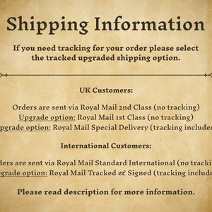 May include: Shipping information for UK and international customers. Orders are sent via Royal Mail with options for upgraded shipping with tracking.