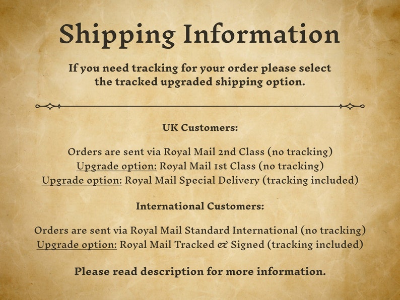 May include: Shipping information for UK and international customers. Orders are sent via Royal Mail with options for upgraded shipping with tracking.