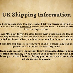 May include: A digital graphic with a parchment-style background featuring dark brown text. The heading reads UK Shipping Information, followed by several paragraphs detailing delivery services, Royal Mail 2nd class, tracking options, and delivery time estimates.