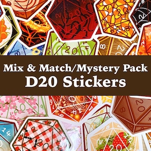 May include: A collection of D20 die-shaped stickers featuring various colorful patterns and themes, including floral, food, and abstract designs. A dark brown horizontal banner across the center displays the text Mix & Match/Mystery Pack D20 Stickers.