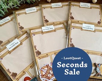 May include: A collection of blank notepads with a brown and gold border and the text "LootQuest Seconds Bag" printed on each notepad. The notepads are arranged in a stack on a wooden surface. The text "LootQuest Seconds Sale" is printed in blue on a blue circle in the bottom right corner of the image.