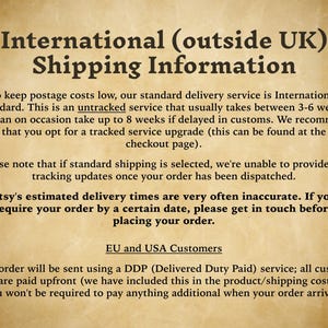 May include: A rectangular informational graphic with a parchment-style tan background and dark brown text. The header reads International (outside UK) Shipping Information, followed by details regarding standard delivery, tracking, and customs fees.