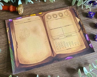 May include: A brown leather-bound book with a vintage design. The book has a blank page for notes and a page for tracking spell components, spell attacks, spell save DC, and spell slots.