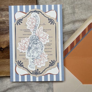 Skurrile Tiger-Hochzeits-Einladung, Sommerhochzeit, extravagante Hochzeitseinladung, Sommerhochzeit, bunte Einladung, Blau-Orange-Hochzeit, handgezeichnete Hochzeit