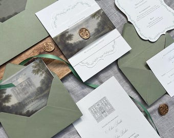 May include: Elegant wedding invitation suite in shades of green and white. Includes invitations, RSVP cards, and envelopes, sealed with gold wax stamps. The invitation features a detailed illustration of a building and the text "Alice Smith & John Butler, Saturday, Fifth of June 2026".