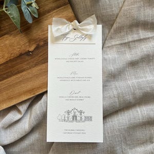 Menú de boda con lugar y nombre, menú del lugar, tarjeta de menú, menú personalizado