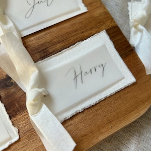 Ribbon Place Name Tags, Personalised Name Tags, Wedding Place cards, Name Place Cards, Name Place Setting, Vellum Place Card, Satin Ribbon