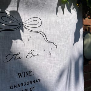 Fabric Wedding Bow Bar Sign, Material wedding signage, Cotton Linen Welcome with gold grommets, Frayed edge wedding fabric sign, 3 sizes