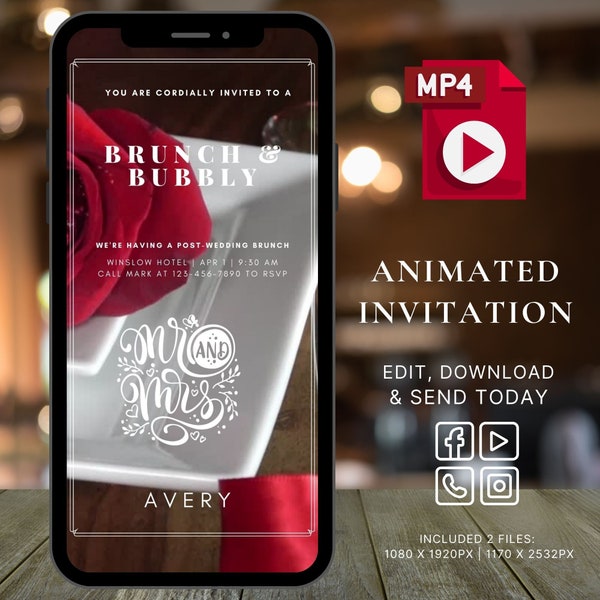 Phone Wedding invitation Bridal brunch party invite Red Rose wedding card Stylish brunch invitation weding modern editable template WhatsApp