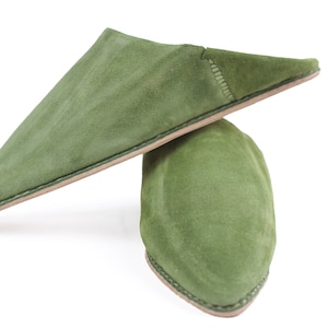 Green Suede House Slippers: Handmade Moroccan Babouche