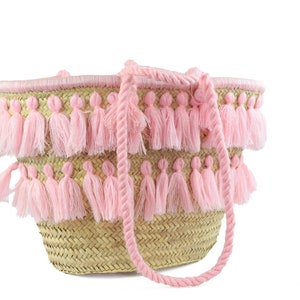 Handwoven Moroccan Market Basket: Pink Pom Pom Straw Bag