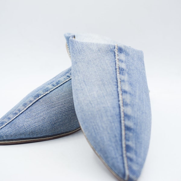 Denim Blue Slippers, Moroccan Pointed Toe Slide, Recycled Jeans Mules, Jean leather Shoes, Jeans Unisex Slip-on Babouche
