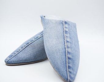Denim Babouche Slippers: Moroccan Recycled Jean Leather Mules