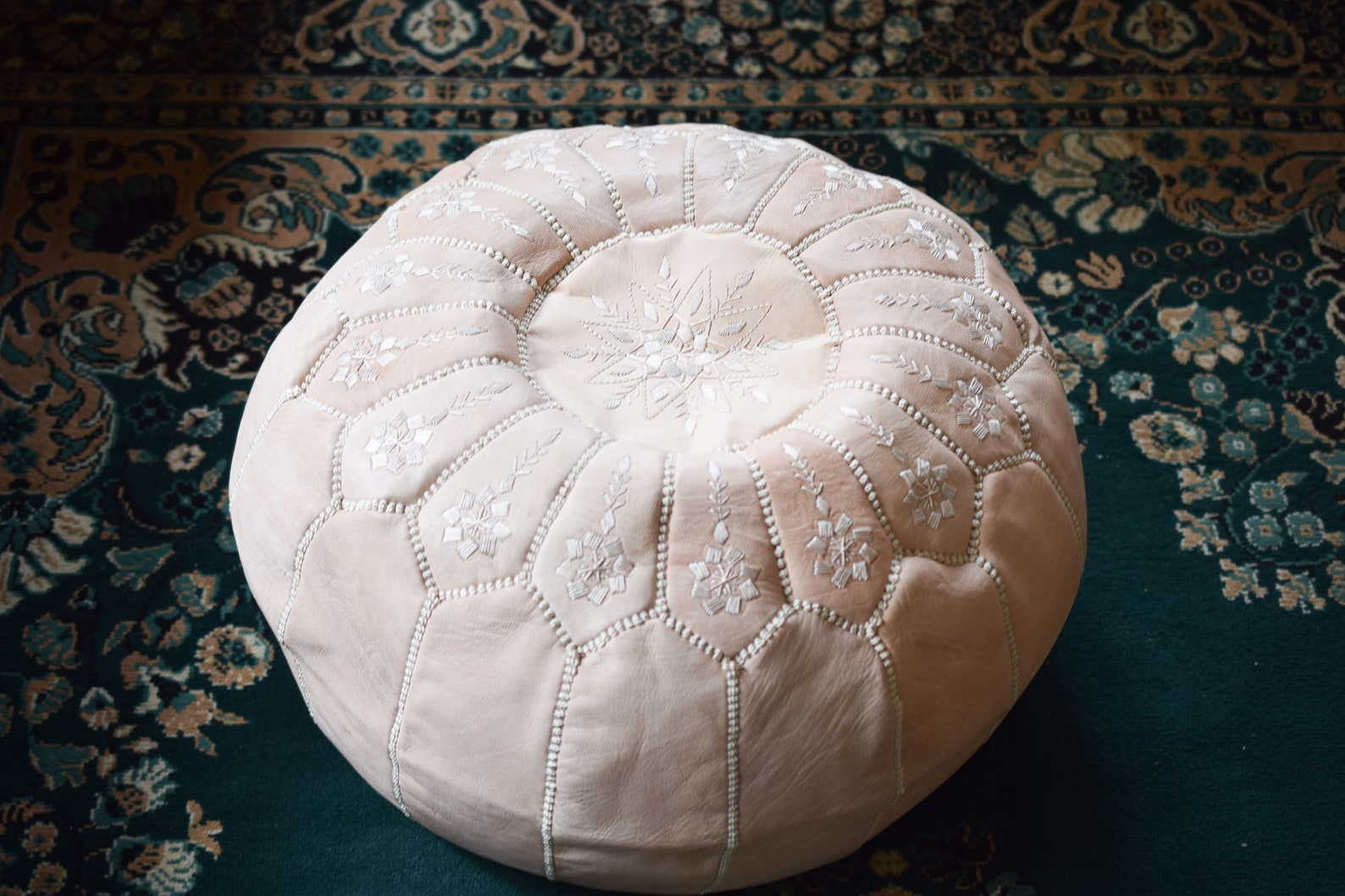 Beige Leather Pouf with Floral Detail — view 5