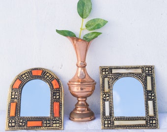 Miroir Vintage Marocain En Laiton Et Os De Chameau – Art Populaire Des Années 1940-1960 – Pièce Authentique