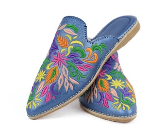 Embroidered Leather Mule Slippers: Floral Moroccan Babouche Loafers