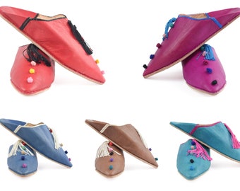 Moroccan Leather Babouche Slippers: Tasseled Pom Pom Shoes