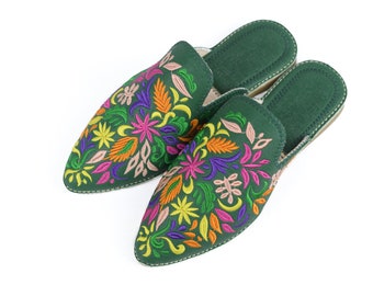 Embroidered Floral Mule Slippers: Handmade Leather Moroccan Loafers