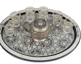 マザーオブパールの象嵌トレイ：ハンドル付きモロッコ風ティーサービングトレイ